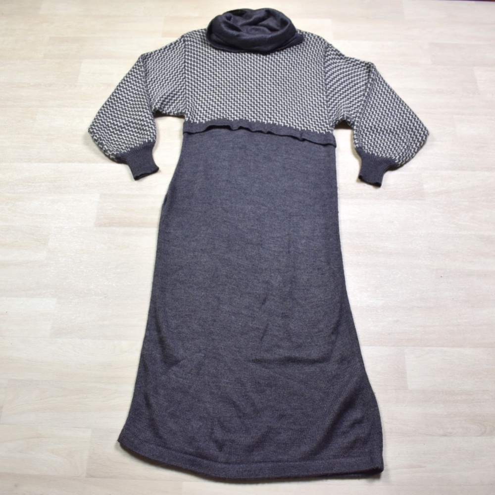 80s Sweater Dress Gray Cowl Neck Long Sleeve Snow Bunny VTG 1980s